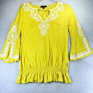 Vintage KENAR Womens S Yellow Tunic Knit Top Sweater Embroidered Neck Sleeves